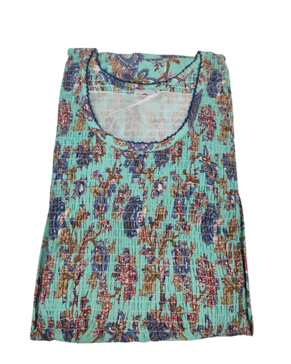 Smocking Gown – Frock Pattern, Kalamkari Print – Beige & Light Blue - 601 - E