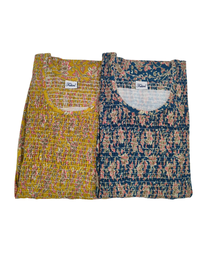 Smocking Gown – Frock Pattern, Floral Print (100% Cotton) – Dark Green, Mustard & Dark Blue - 601 - E