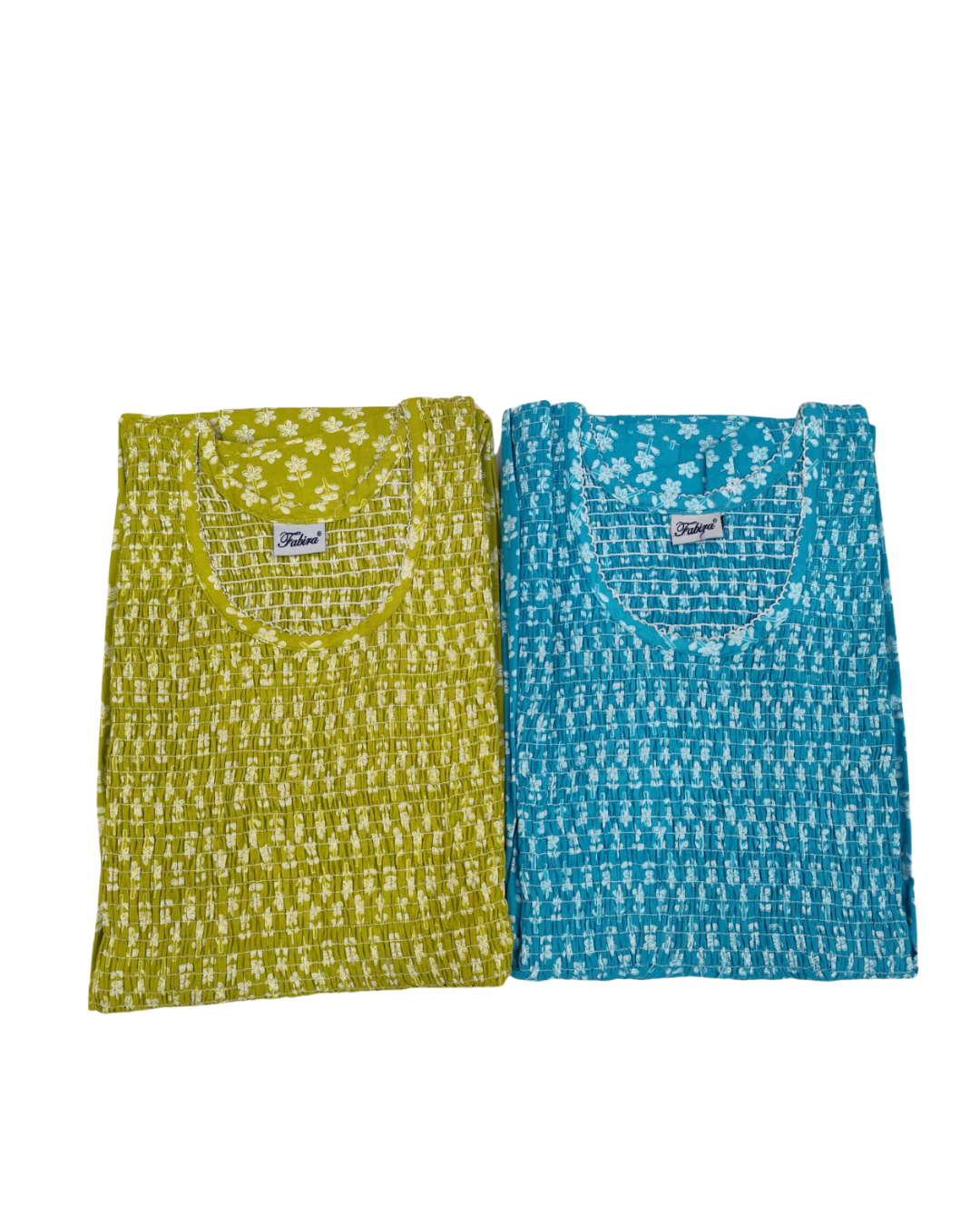 Smocking Gown – Frock Pattern, Small Motif Print (100% Cotton) – Blue, Lemon Green, & Sea Green - 601 - E