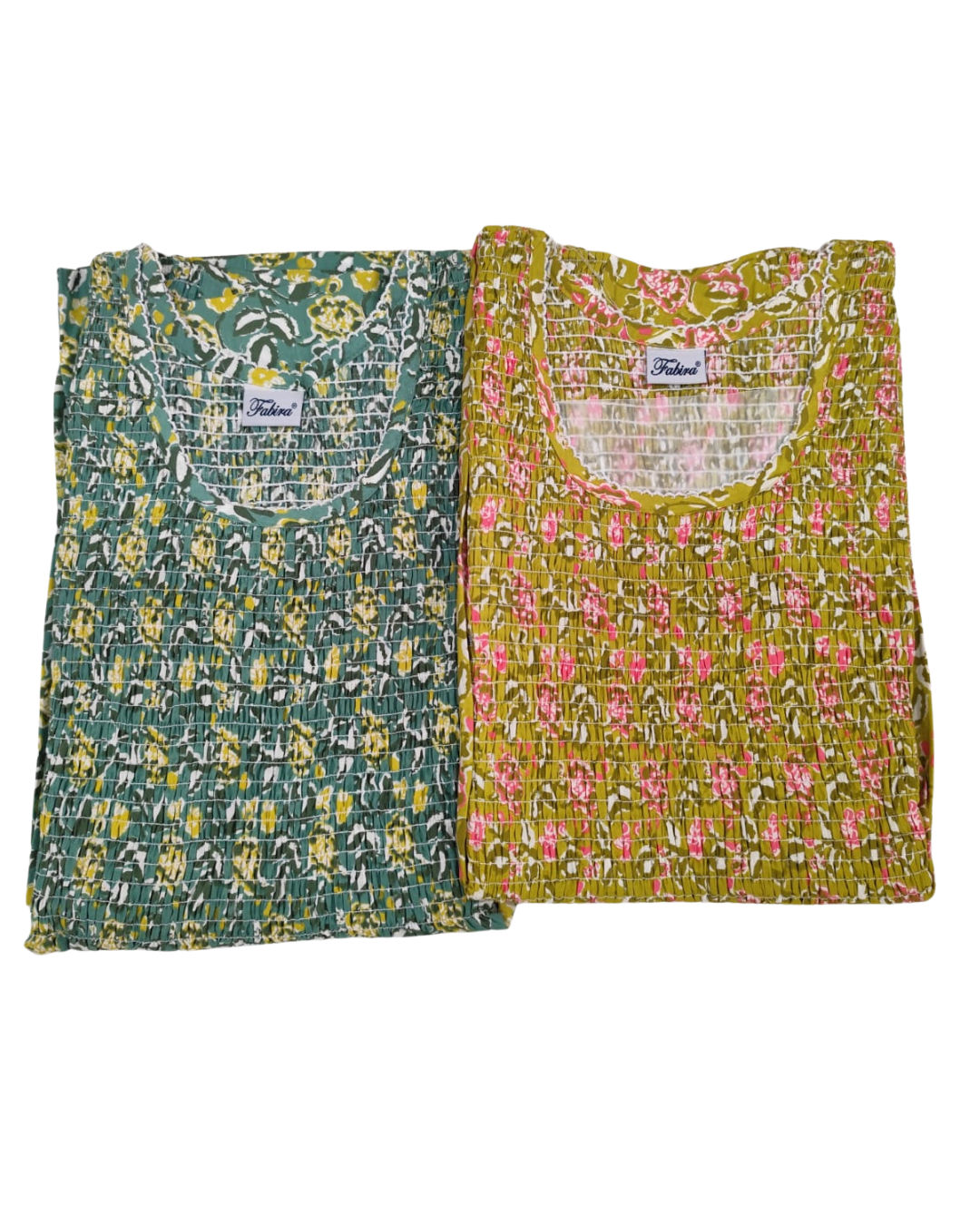 Smocking Gown – Frock Pattern, Vel Floral Print – Voilet, Green & Mustard - 601 - E