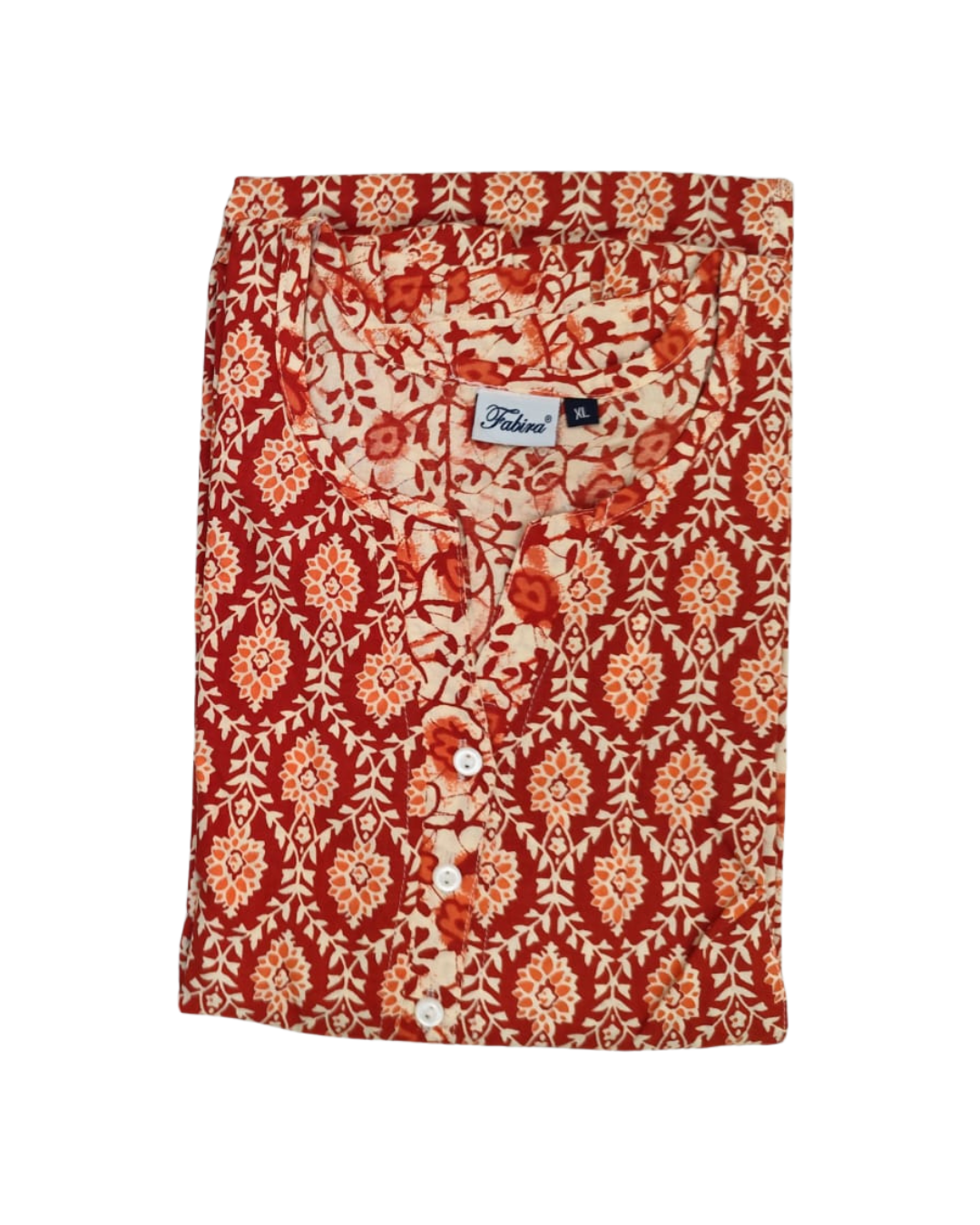 A - line Gown with Double Pocket XL- Motif Print - Mustard, Coffee Brown & Rust Orange - 650DP2