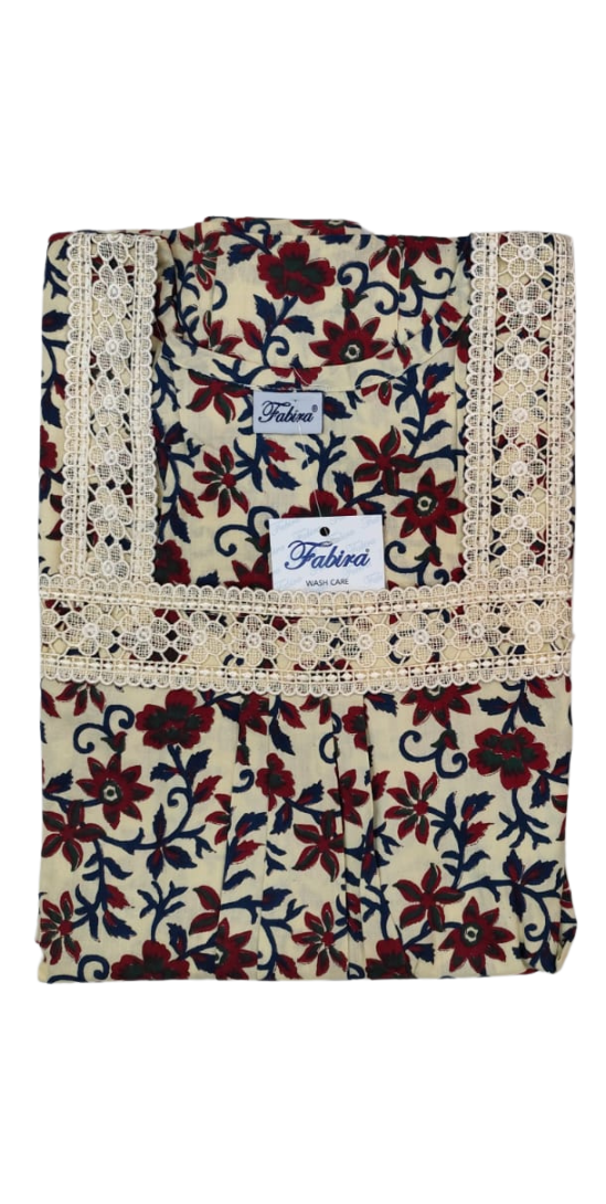 A - line Lace pattern Gown XL - Floral Creeper print - Mustard, Blue & Green - 650LQ01