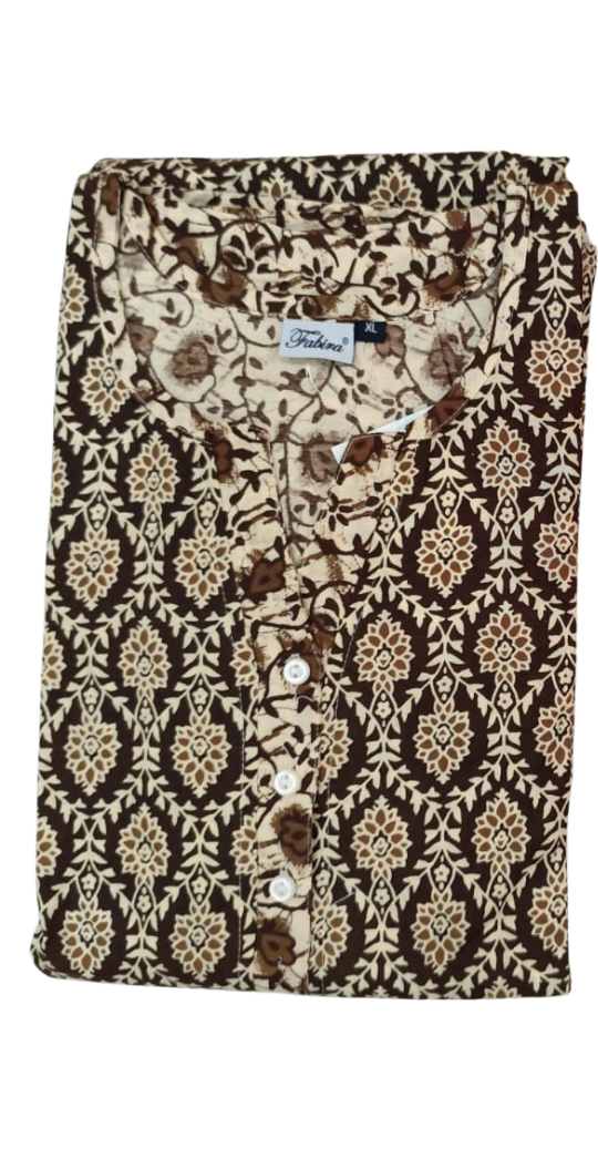 A - line Gown with Double Pocket XL- Motif Print - Mustard, Coffee Brown & Rust Orange - 650DP2