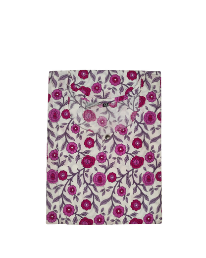 Cotton Short Top - Floral Print - Cream with Magenta - 205S14