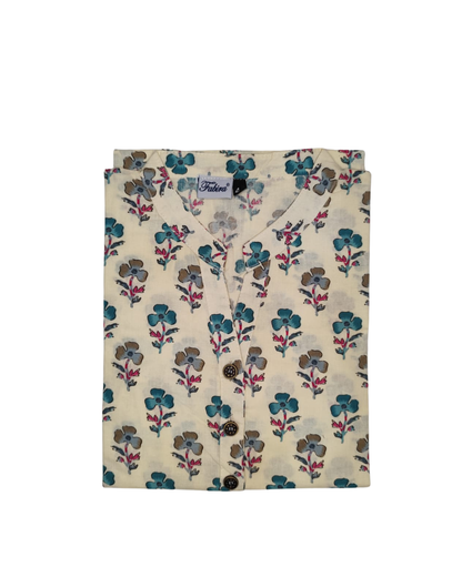 Cotton Short Top - Floral Buti Print - Cream - 205S26