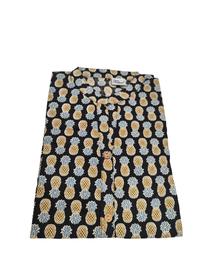 Cotton Short Top - Pineapple Buta Print - Black - 205S11