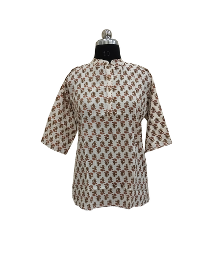 Cotton Short Top - Small Floral Buti Print - Cream - 205S4