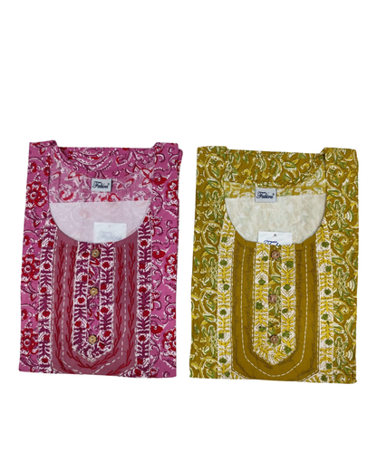 A - line Gown - Kalamkari  print- Tomato red, Pink & Yellowish Olive - 550AK26