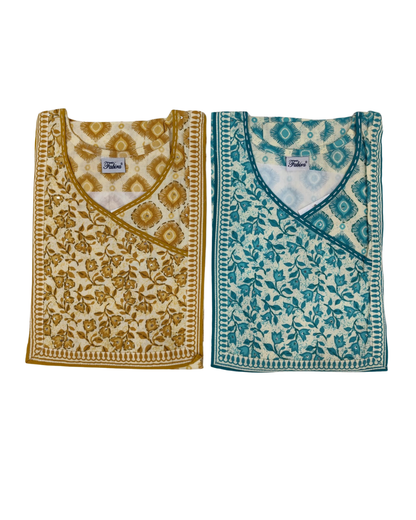 A - line Gown - Diamond Motif print - Grey, Mustard & Teal Green - 550A24