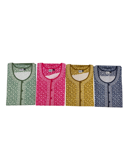 A - line Slim Fit Gown – Micro Floral - Orange, Army Green, Pink, Mustard & Blue - 550S04