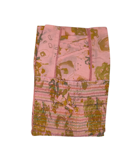 Smocking Gown – Sleeveless, Big Floral Print – Pista & Pink - 601-B