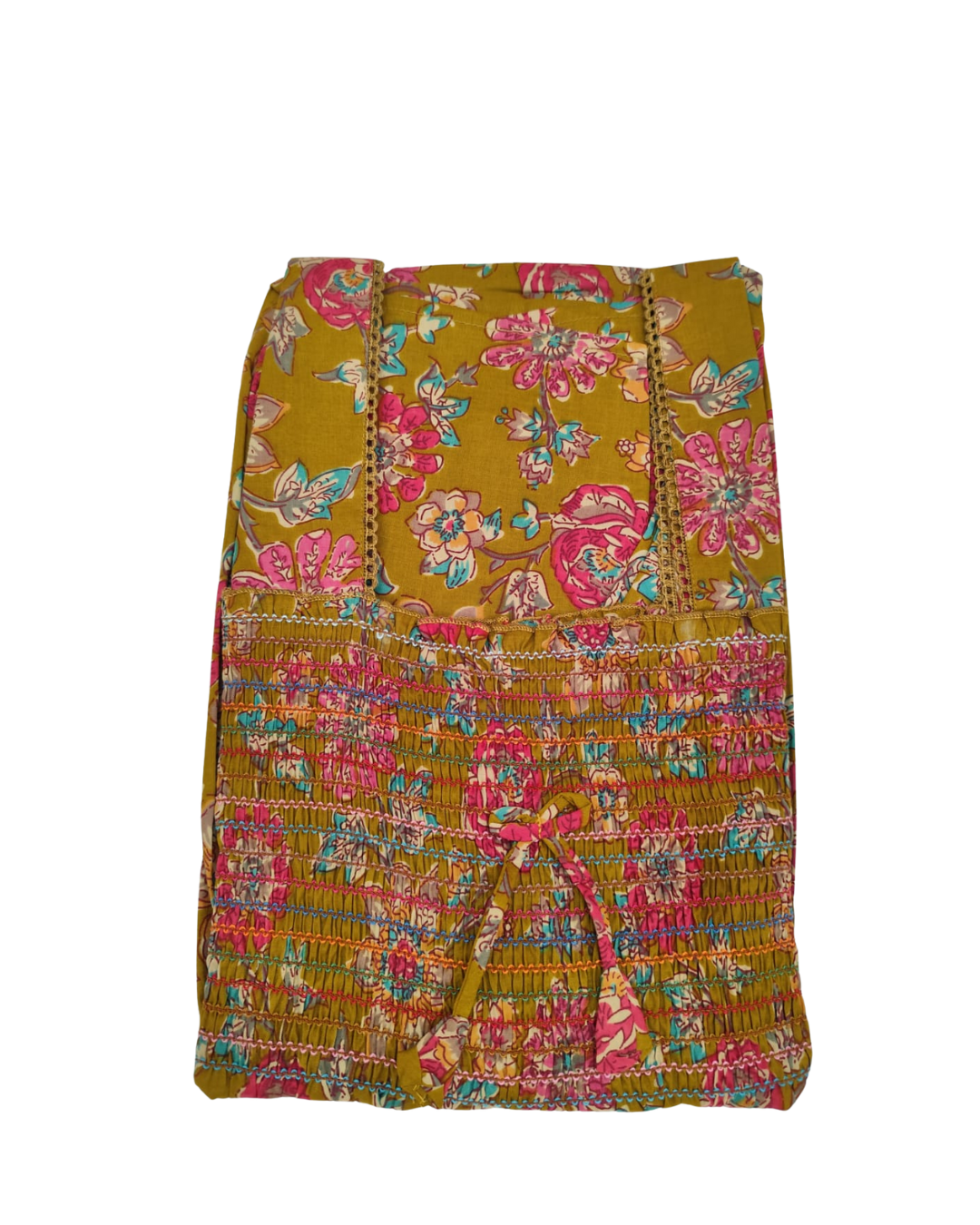 Smocking Gown – Sleeveless, Kalamkari Big Floral Print  – Brown & Mustard - 601 - B