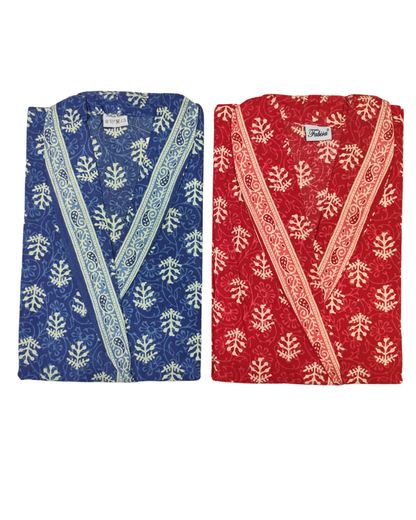 Wrap Gown – Full Length, Block Print - Mustard - Yellow, Blue & Red - W502-E